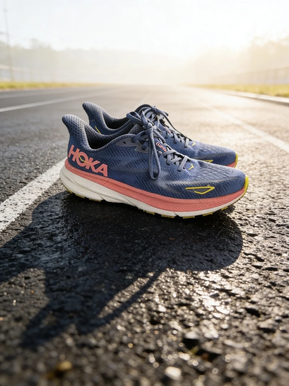 Hoka Women's Blue Running Shoes with Coral and Yellow Accents